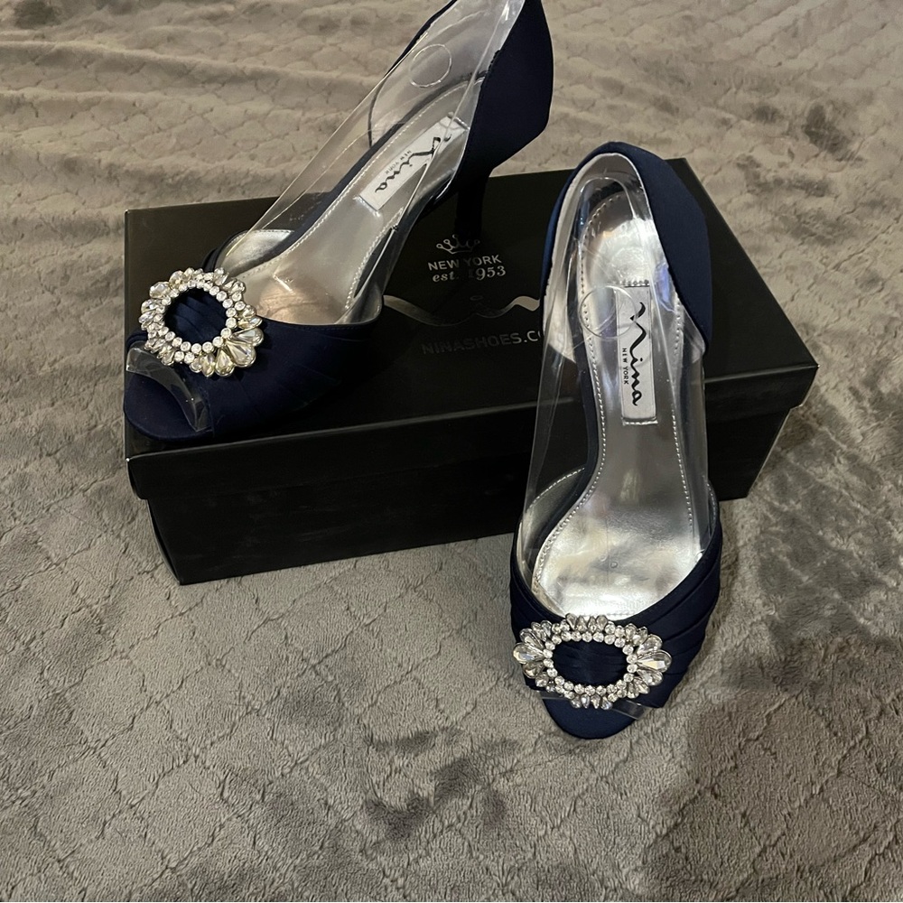 Nina Blue Satin Heels with Crystal Embellishment